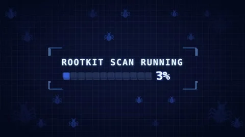 Rootkit scan running blue diagnostic sweep corner bracket hud loop Vídeo Stock 343535827