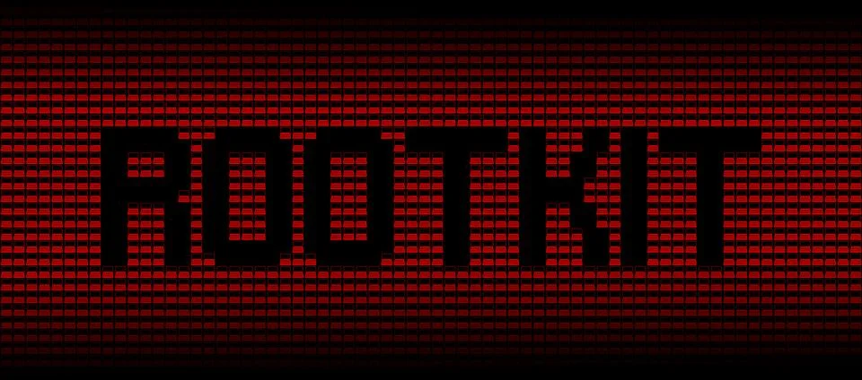 Rootkit text on red laptops background illustration Stock Illustration