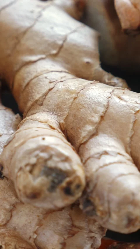 Roots of ginger, alternative medicine concept. Rotating. Vertical Stock Footage 327184206