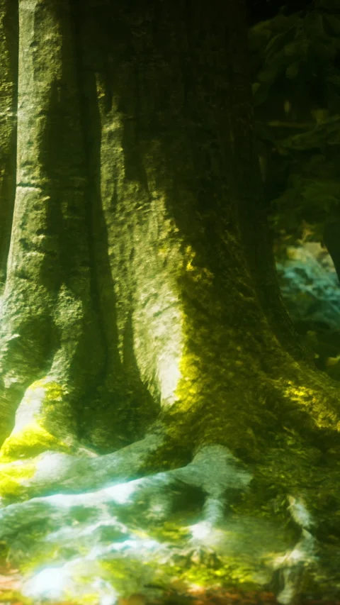 Roots of a tree in sunlight with patches of moss and leaves on the ground Stock Footage 337947621
