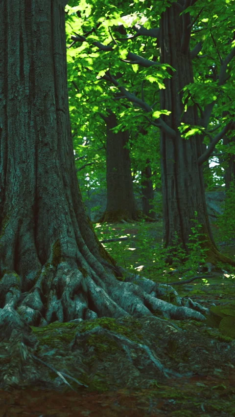 Roots of trees extend into the ground in a forest during daytime Stock Footage 336172280