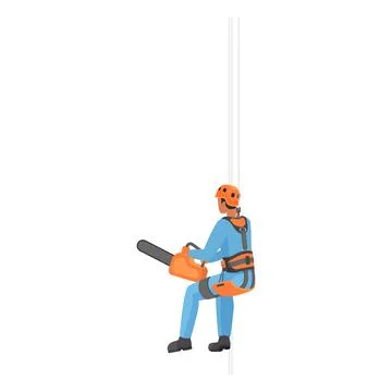 Rope access worker working at height, man in helmet and uniform holding electric Illustrazione stock