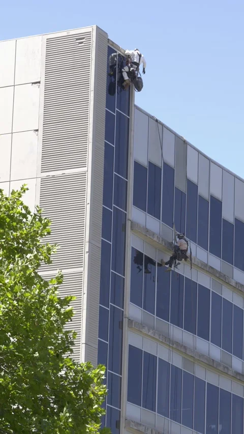 Rope Access Workers Cleaning High-Rise Office Building Exterior Stock-Footage 339647072