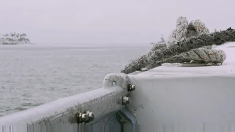 Rope and Boat Deck Overlooking Ocean and Islands Stock Footage 323344373