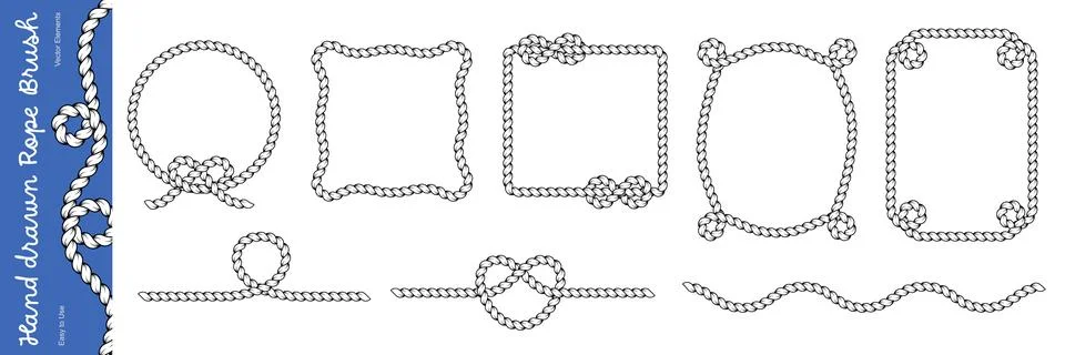 Rope border and frame collection. Twisted rope lines with decorative knots,.. Stock Illustration
