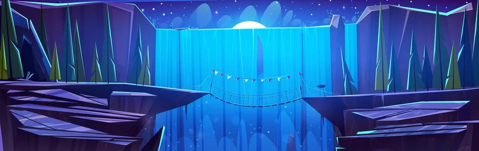 Rope bridge between edges of cliff near waterfall Stock Illustration
