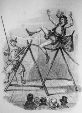 The rope dancer and the pendulum, Fables de Florian illustrated by Victor Ada Stock Illustration