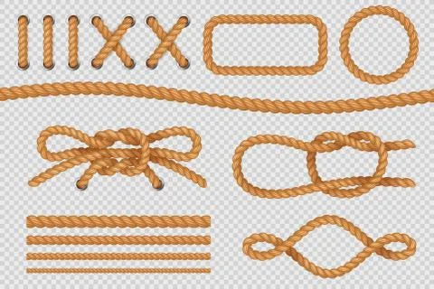 Rope elements. Marine cord borders, nautical ropes with knot, old sailing loop Stock Illustration
