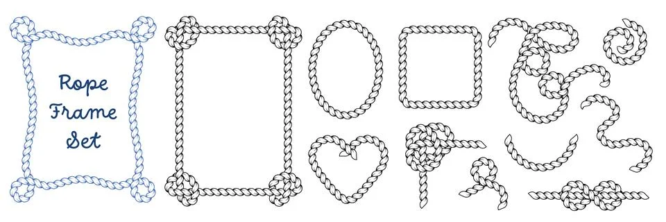 Rope frame and border elements collection. Rope lines with corner knots, ro.. 스톡 일러스트