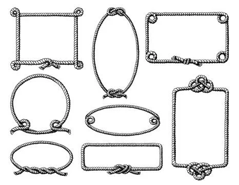 Rope frames. Oval lasso border. Marine boat outline sketch. Tangled knots イラスト素材
