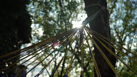 Rope hammock strings strung on a tree on summer evening with sun glare Vídeo Stock 243939163