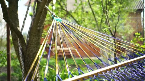 Rope hammock strings strung on tree. Summer evening rural cottage yard Vídeo Stock 243939284