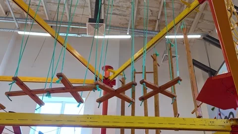 Rope obstacle course featuring swinging platforms, stepping stones. Stock Footage 317221535