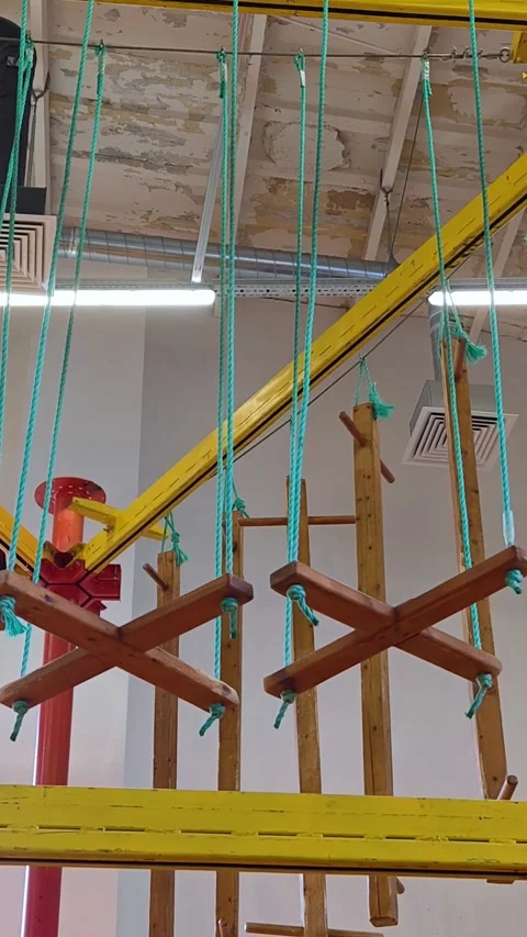 Rope obstacle course featuring swinging platforms, stepping stones. Stock Footage 317624465
