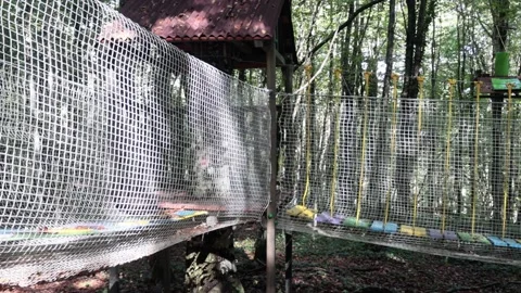 Rope park in a dense summer forest, in the shade from the sun. Attractions. Stock Footage 221300826
