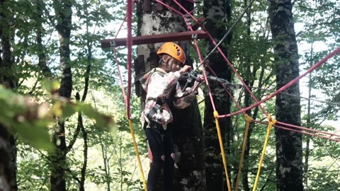 Rope park in a dense summer forest, in the shade from the sun. Attractions. Stock Footage 221305575