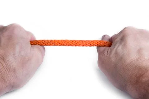 Rope pull up by hands isolated on the white. Stress and tension concept. Stock Photos