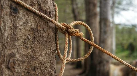 Rope pulled tight around big tree Stock Photos