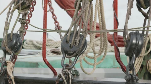 Ropes and deadeyes on rigging of an early 20th century boat -close up. 4K tripod Stock Footage 164649506