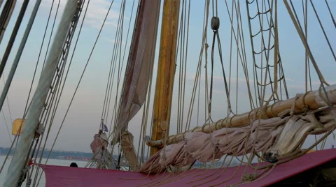 Ropes and rolled big clothes on the sail mast of the ship gh4 4k Stock Footage 40785921