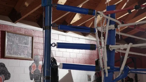 The ropes in the corner of a boxing ring in a gym Stock Footage 103821703