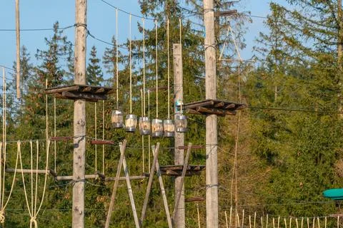 A ropes course stands in a clearing, surrounded by forest. outdoor adventure  Stock Photos