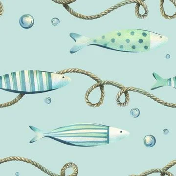 Ropes, fish and bubbles in light mint tones on turquoise pastel background. Hand Иллюстрация