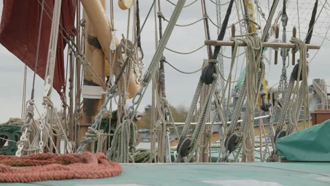 Ropes, lines and rigging on an early 20th century boat  - close up. 4K tripod Stock Footage 164649252
