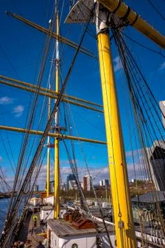 Ropes rigging masts and stays on traditional sailing ship Stock Photos