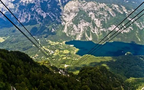 Ropeway between mountain Vogel and lake Bohinj, slovenian alps, Slovenia Stock Photos