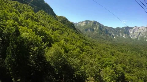 Ropeway cable car ride, side window view of the forest Stock Footage