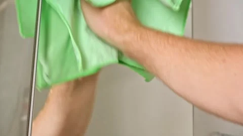 Ropped view man wiping mirror with rag, standing bathroom. Householder make Stock Footage 244752744