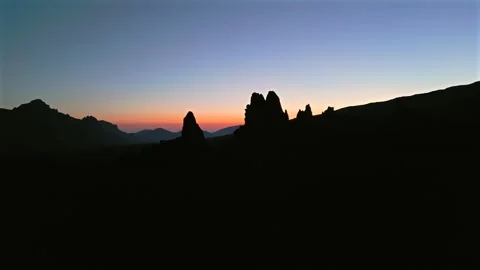Roques de García volcanic rock silhouettes at twilight in Teide National Park Stock Footage 345534745