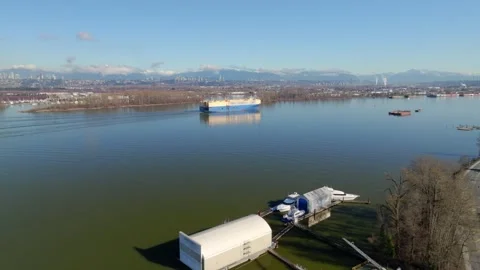 RORO (roll-on roll-off) Ship Navigating Along The Fraser River In British Stock Footage 336982852