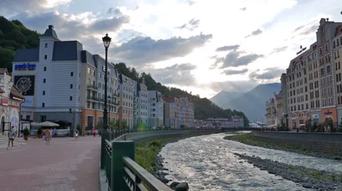 Rosa Khutor in the evening , Mzymta River, Sochi, Russia. 1280x720 Stock Footage 52947142