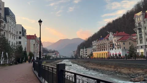 Rosa Khutor ski resort at sunset. Sochi, Russia Stock Footage 298479917