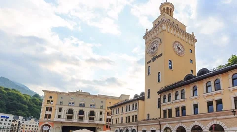 Rosa Khutor Tower Clock. HDR. Panorama. Time Lapse. Sochi, Russia. 1280x720 Video stock 54264972