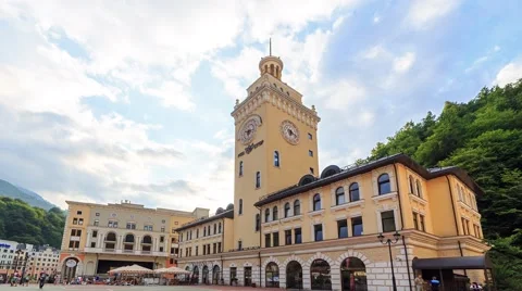 Rosa Khutor Tower Clock. Zoom. HDR. TimeLapse. Sochi, Russia. 1280x720 스톡 동영상 54265090