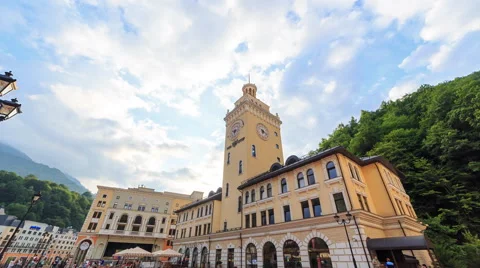 Rosa Khutor Tower Clock. Zoom. HDR. Time Lapse. Sochi, Russia. 4K 스톡 동영상 54266370