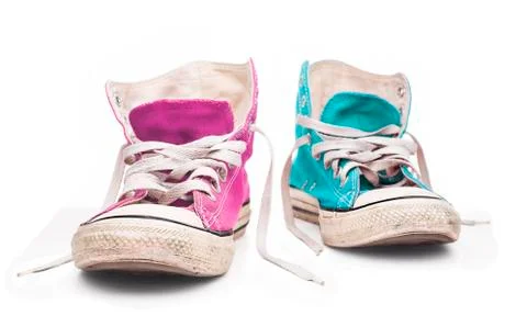 Rose and blue sneakers with white laces &amp; Second hand. Stock Photos