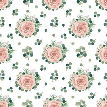 Rose and eucalyptus seamless pattern, vector floral watercolor design. Illustrazione stock