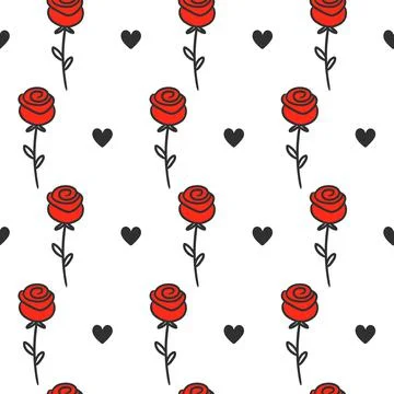 Rose and hearts romantic seamless pattern. Vector cartoon hand drawn doodle Stock Illustration