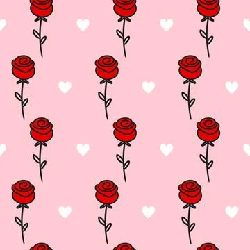Rose and hearts romantic seamless pattern. Vector cartoon hand drawn doodle Stock Illustration