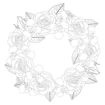 Rose and Iris Flower Wreath Outline Stock Illustration