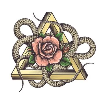 Rose and Snakes inside Triangle Esoteric Tattoo Stock Illustration