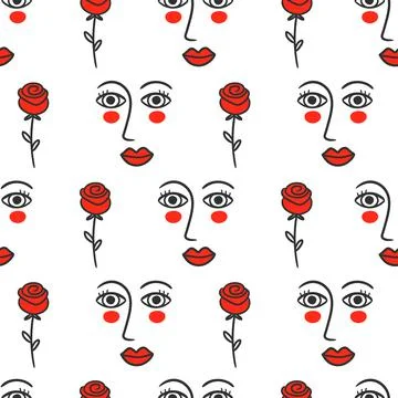 Rose and woman line portrait seamless pattern. Vector cartoon hand drawn doodle Stock Illustration