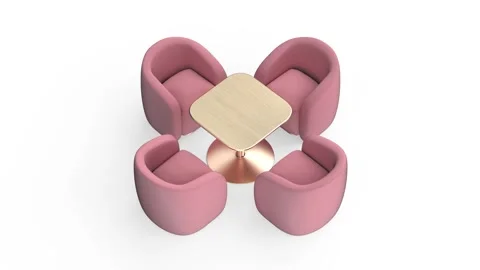 Rose armchairs and a coffee table with rose gold metal frame and wooden top Stock Footage 340076463