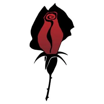 Rose blooming icon. Vector illustration of a rose bud with leaves. Hand drawn Stock Illustration