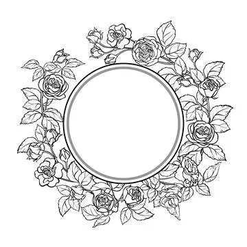 Rose Branch Outline Round Frame. Stock Illustration