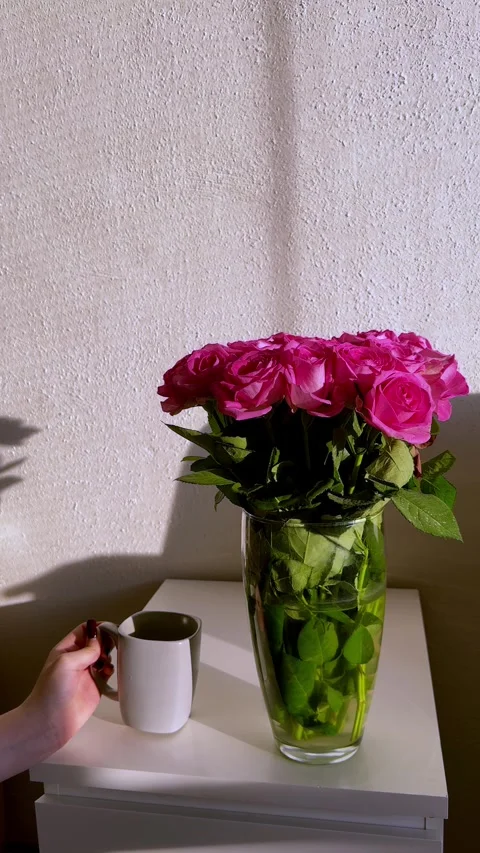 Rose, bright pink bloom, green foliage, transparent vase, clean table, rough Stock Footage 333456529